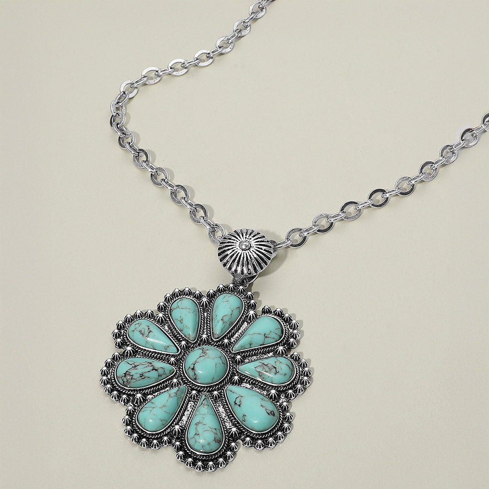 Madeline Love Silver Burnished, Turquoise Bold Antique Western Floral Pendant Statement Necklace - Jewelry
