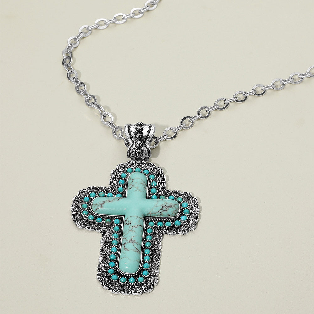 Madeline Love Silver Burnished, Turquoise Bold Western Cross Pendant Statement Necklace - Jewelry