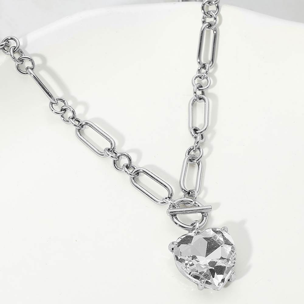 Madeline Love Antique Silver, Clear Chunky Heart Stone Cluster Toggle Pendant Necklace - Necklaces