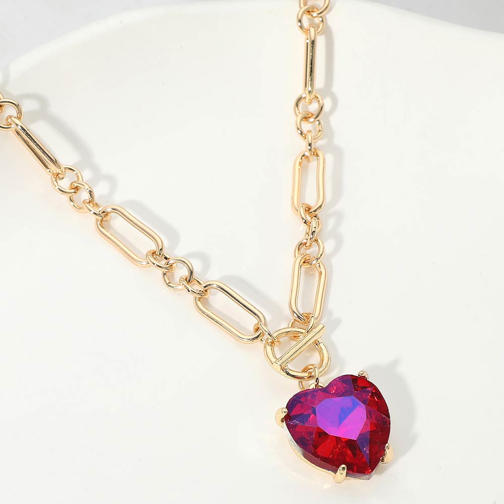 Madeline Love AB, Fuchsia Chunky Heart Stone Cluster Toggle Pendant Necklace - Necklaces