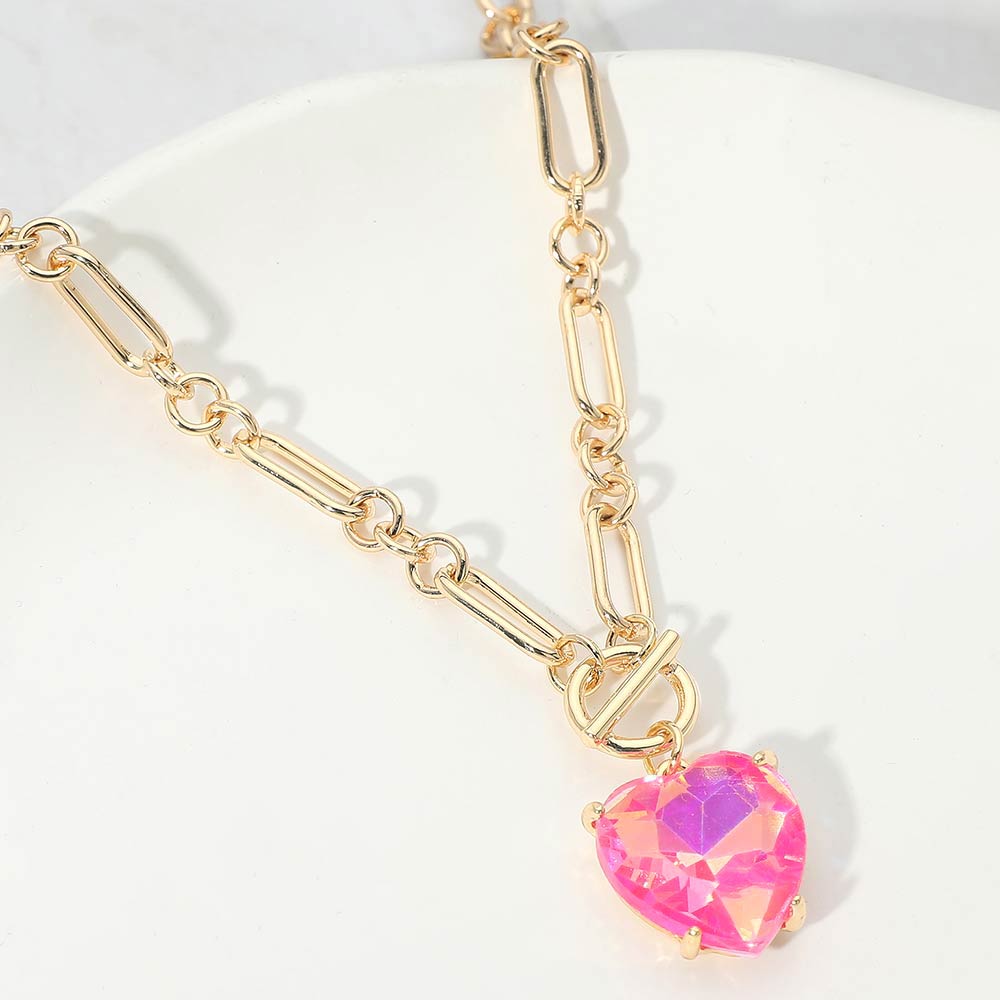 Madeline Love AB, Fuchsia, Neon Chunky Heart Stone Cluster Toggle Pendant Necklace - Necklaces