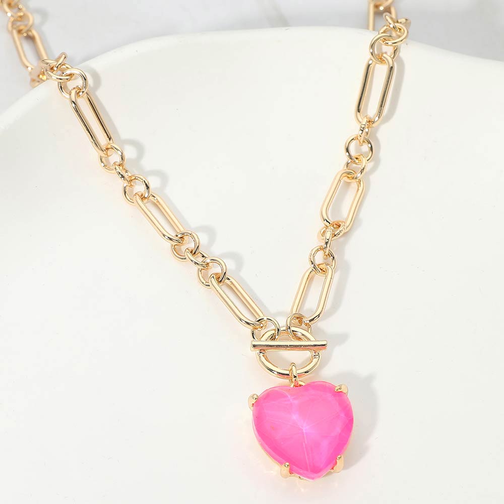 Madeline Love Fuchsia, Neon Chunky Heart Stone Cluster Toggle Pendant Necklace - Necklaces