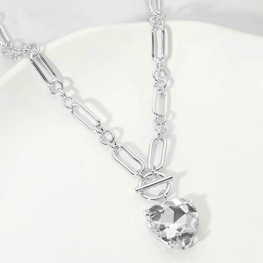 Madeline Love Clear, Silver Chunky Heart Stone Cluster Toggle Pendant Necklace - Necklaces