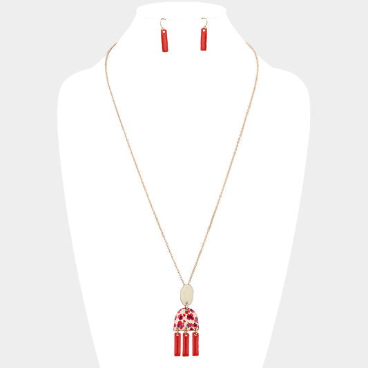 Madeline Love Gold, Ivory, Red Abstract Patterned Geometric Link Pendant Necklace - Necklaces