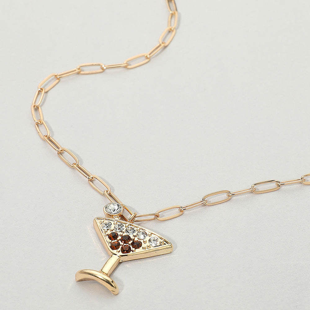Madeline Love Clear, Gold Stone Paved Martini Glass Pendant Paperclip Chain Necklace - Jewelry