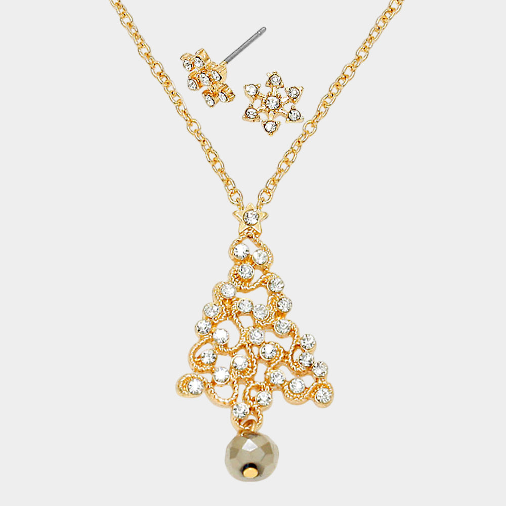 Madeline Love Clear, Gold Crystal Christmas Tree Pendant Necklace with Snow Flake Earrings - Jewelry