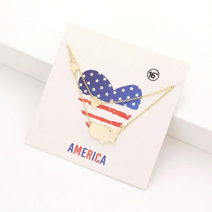 Madeline Love Gold Metal American USA Flag United State Map Star Heart Pendant Double Layered Necklace - Necklaces