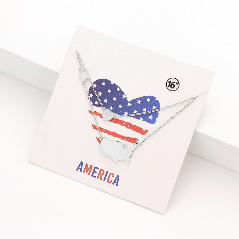 Madeline Love Rhodium Metal American USA Flag United State Map Star Heart Pendant Double Layered Necklace - Necklaces