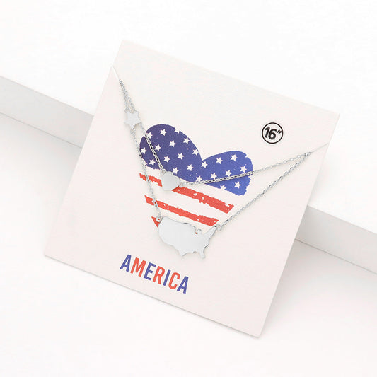 Madeline Love Rhodium Metal American USA Flag United State Map Star Heart Pendant Double Layered Necklace - Necklaces