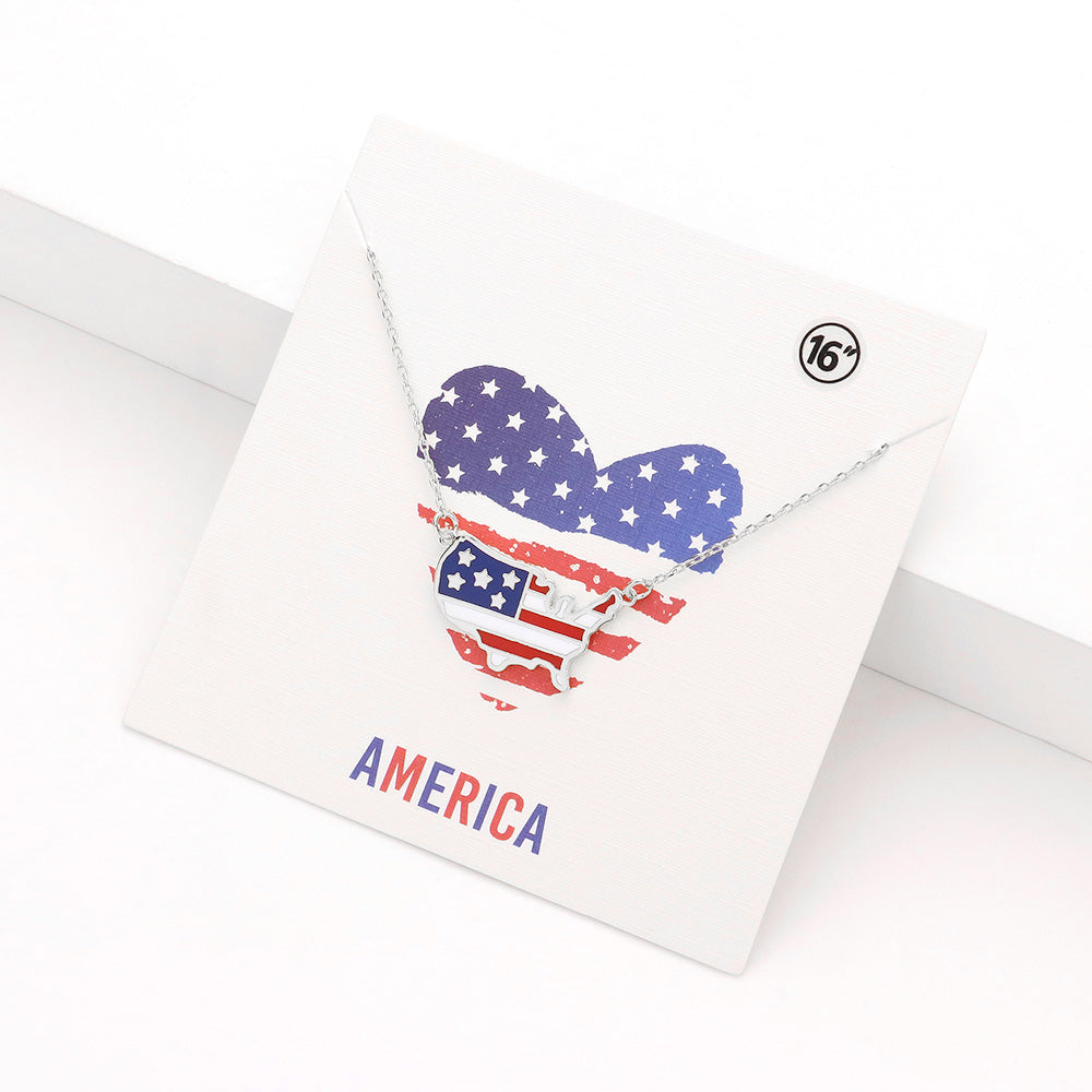 Madeline Love Multi, Rhodium American USA Flag Printed United State Map Pendant Necklace - Necklaces