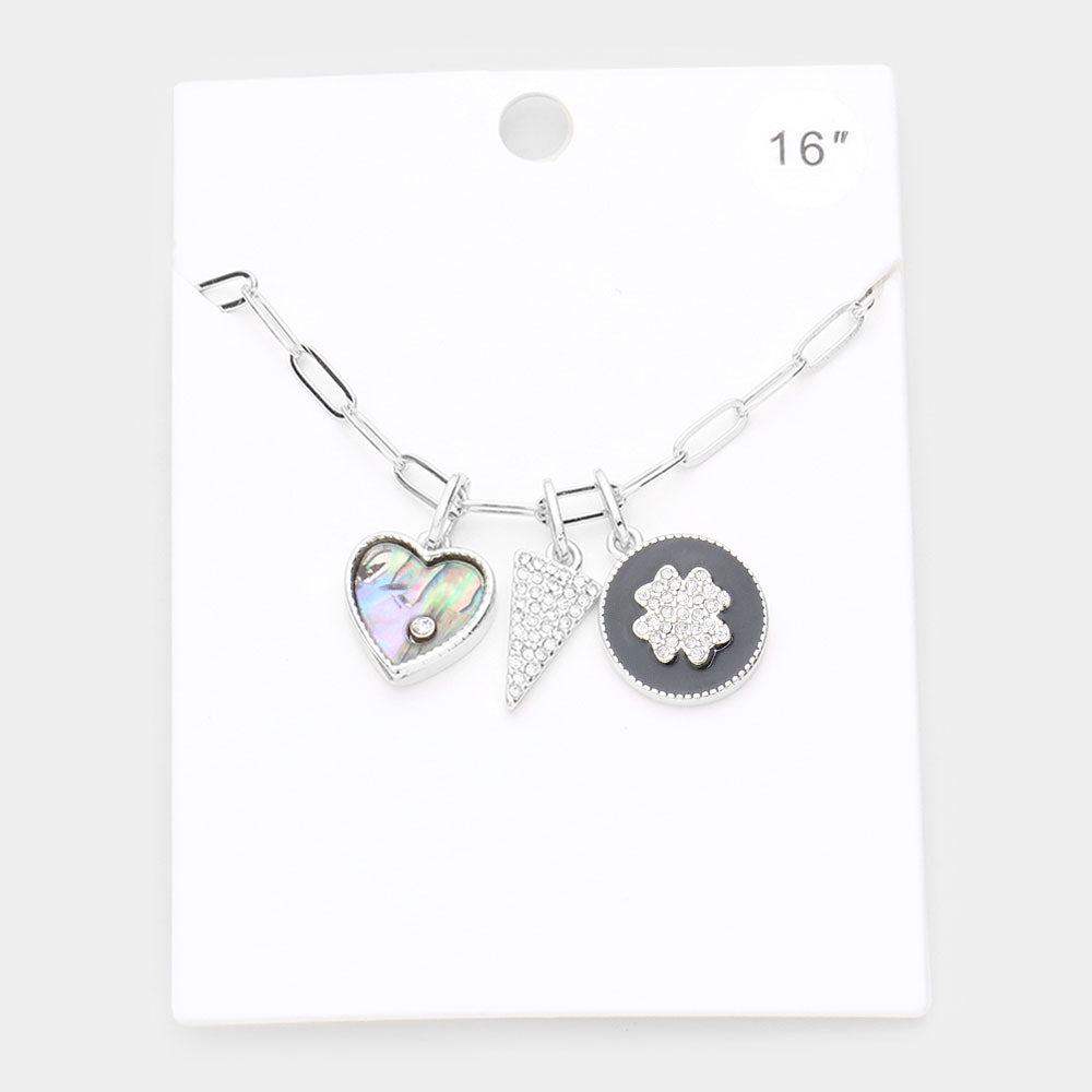 Madeline Love Abalone Rhinestone Embellished Abalone Heart Triangle Quatrefoil Pendant Necklace - Necklaces