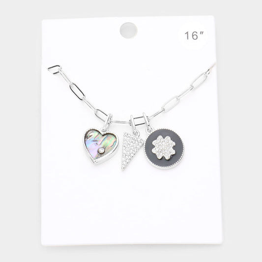 Madeline Love Abalone Rhinestone Embellished Abalone Heart Triangle Quatrefoil Pendant Necklace - Necklaces
