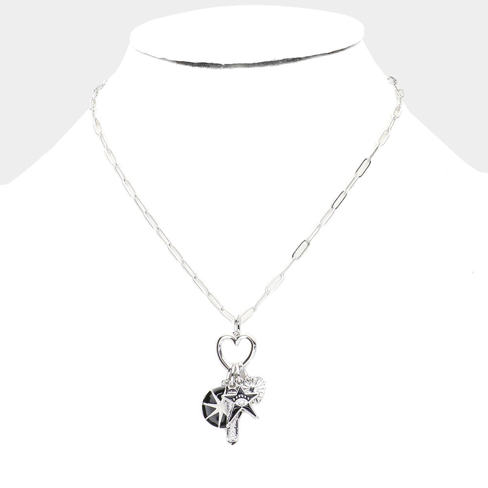 LOVE Evil Eye Accented Star Metal Heart Pendant Necklace