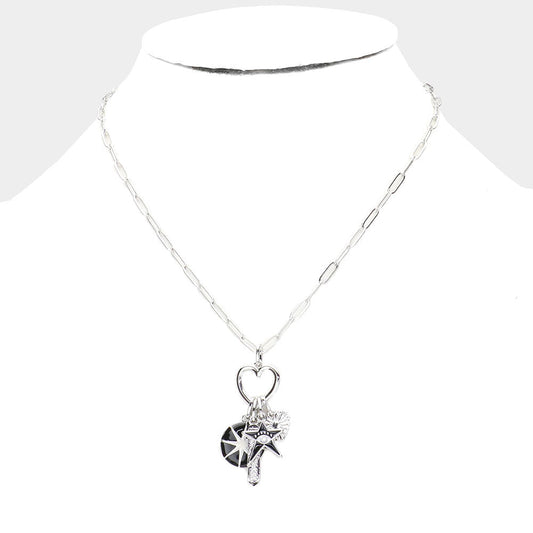 LOVE Evil Eye Accented Star Metal Heart Pendant Necklace