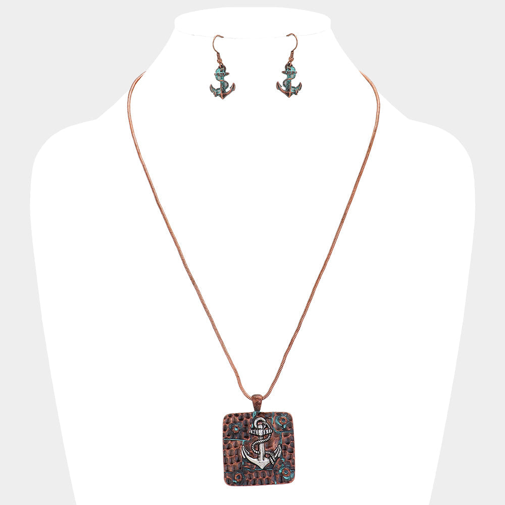 Patina Verdigris Antique Square Metal Anchor Pendant Necklace