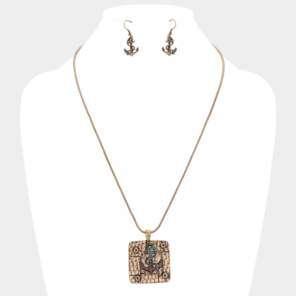 Rose Gold Burnished Antique Square Metal Anchor Pendant Necklace