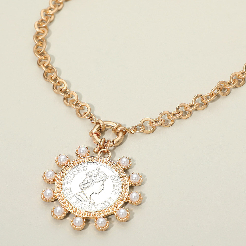 Madeline Love Worn Gold Bold Pearl Decorative Coin Pendant Necklace - Necklaces