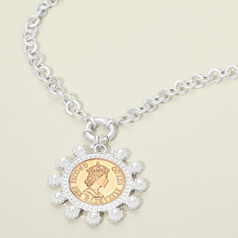 Madeline Love Worn Silver Bold Pearl Decorative Coin Pendant Necklace - Necklaces