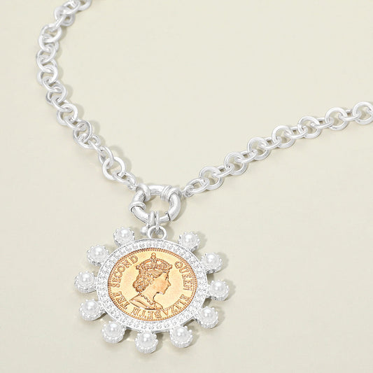 Madeline Love Worn Silver Bold Pearl Decorative Coin Pendant Necklace - Necklaces