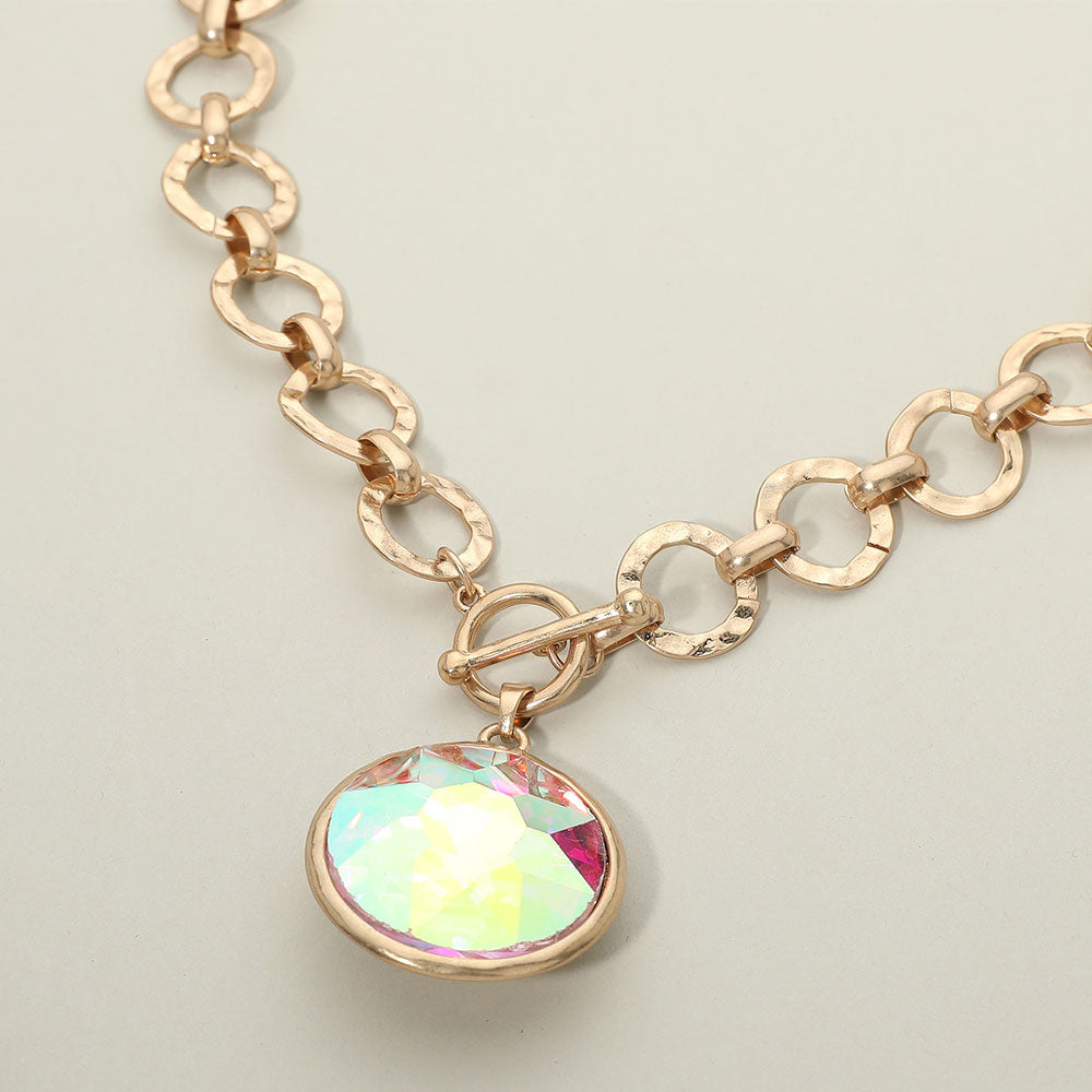 Madeline Love AB Bold Oval Gemstone Pendant Brushed Metal Chunky Chain Toggle Necklace