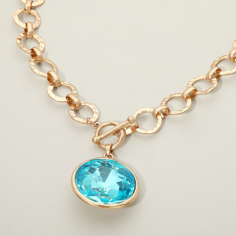 Madeline Love Aqua Bold Oval Gemstone Pendant Brushed Metal Chunky Chain Toggle Necklace