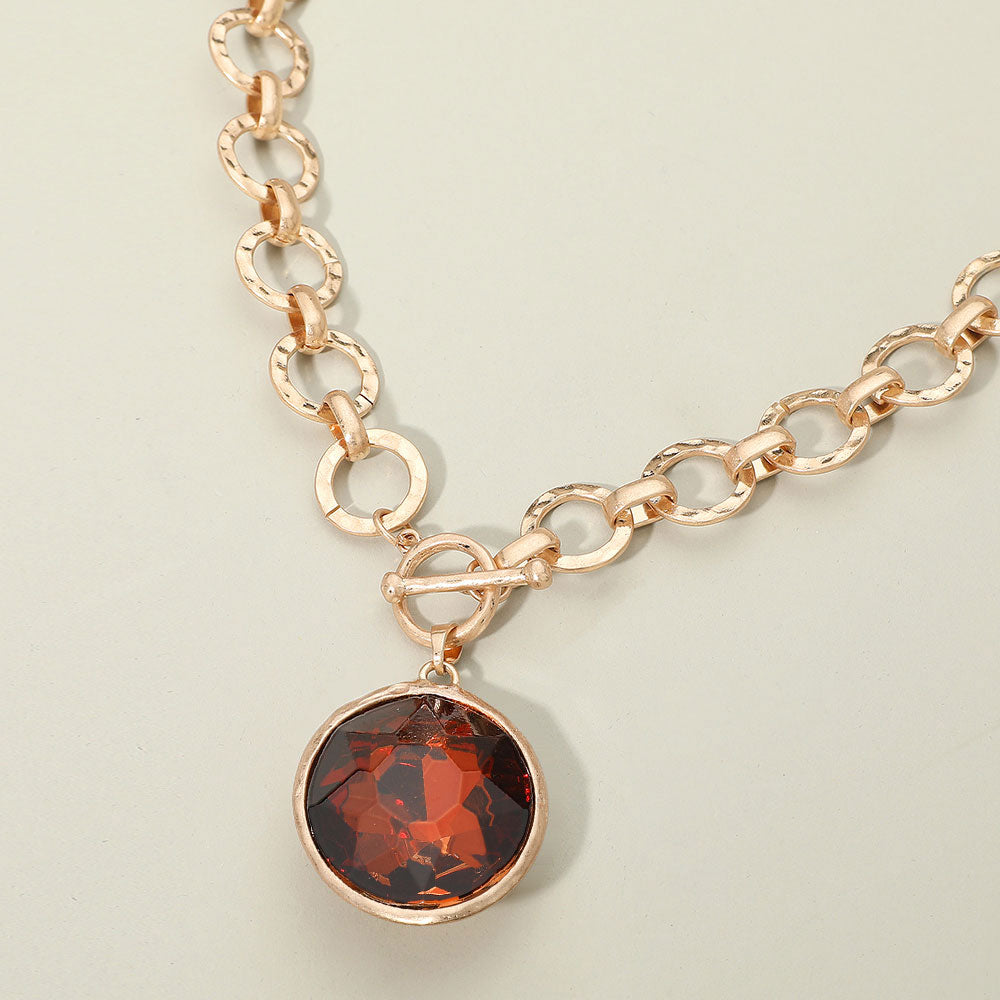 Madeline Love Burgundy, Red Bold Oval Gemstone Pendant Brushed Metal Chunky Chain Toggle Necklace - Jewelry