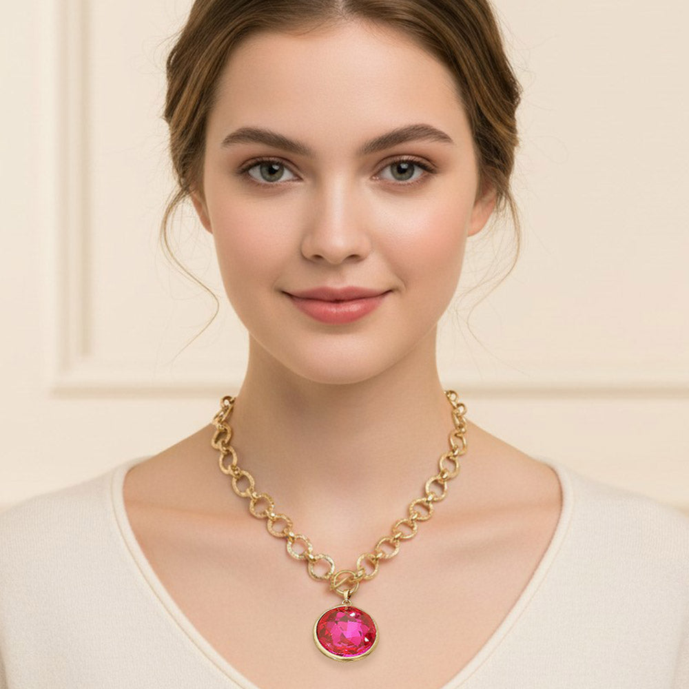 Madeline Love Fuchsia Bold Oval Gemstone Pendant Brushed Metal Chunky Chain Toggle Necklace