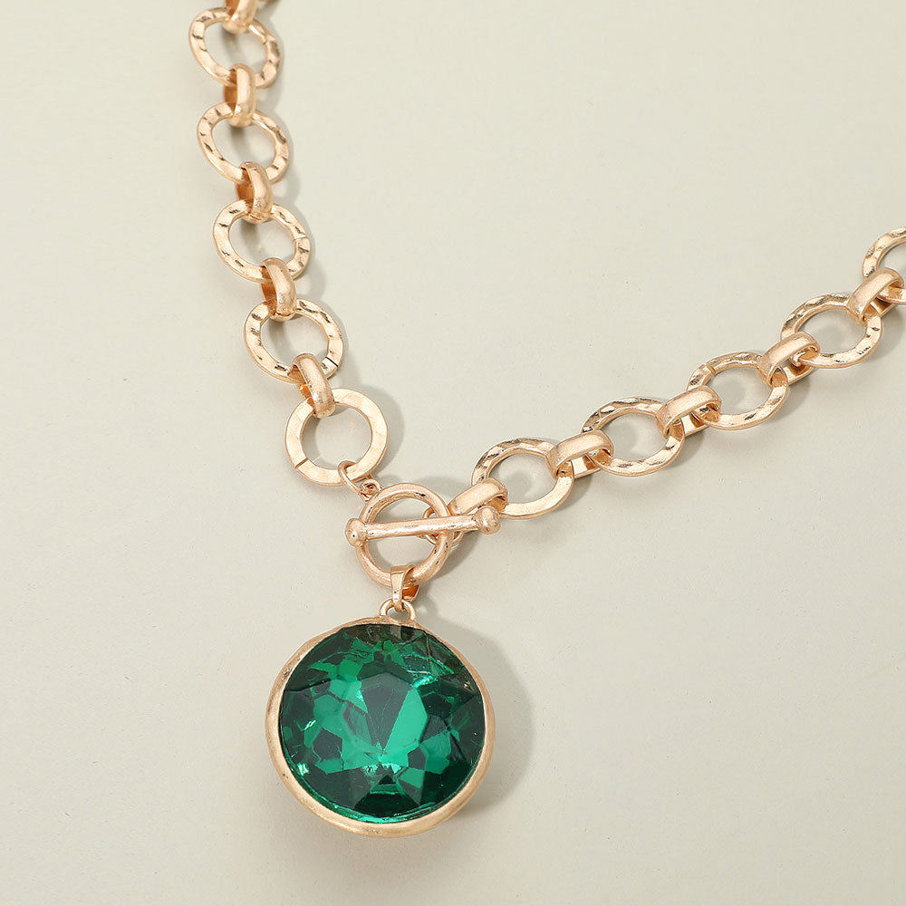 Madeline Love Green Bold Oval Gemstone Pendant Brushed Metal Chunky Chain Toggle Necklace - Jewelry