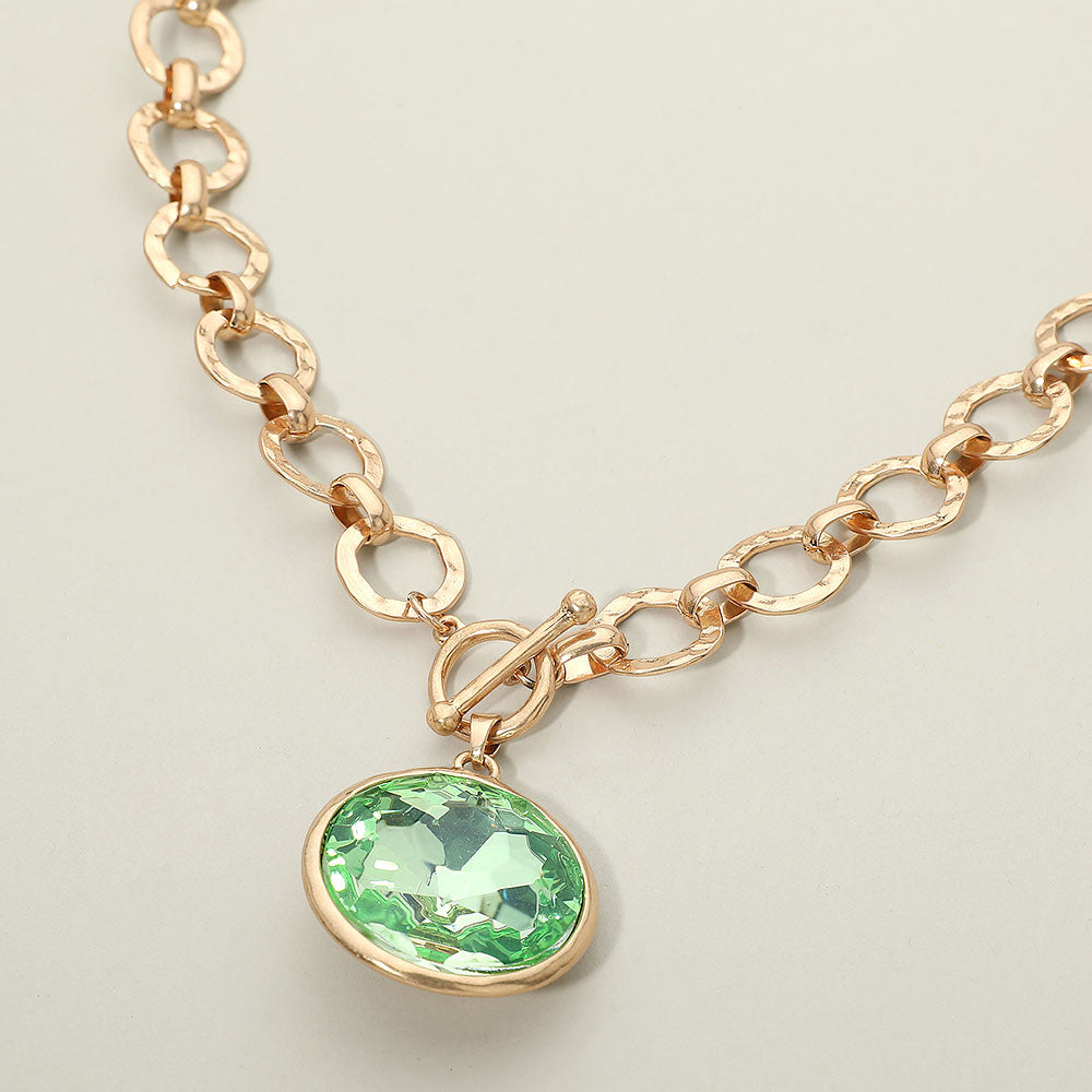 Madeline Love Green, Lime Bold Oval Gemstone Pendant Brushed Metal Chunky Chain Toggle Necklace