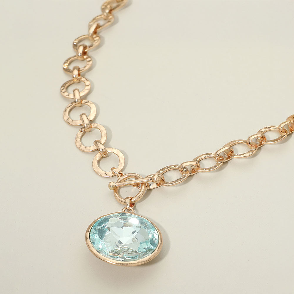 Madeline Love Mint Bold Oval Gemstone Pendant Brushed Metal Chunky Chain Toggle Necklace