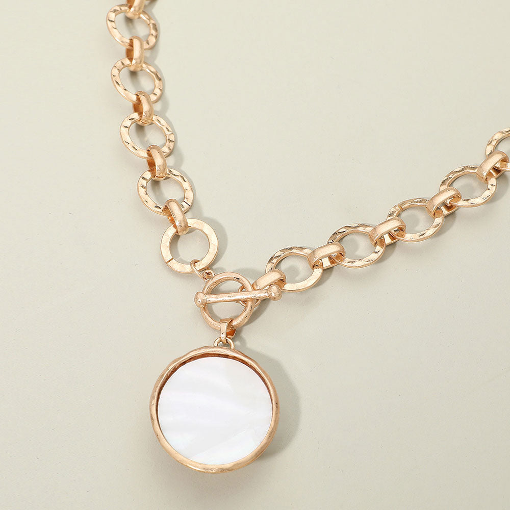 Madeline Love Mother of Pearl Bold Oval Mother of Pearl Pendant Brushed Metal Chunky Chain Toggle Necklace - Jewelry