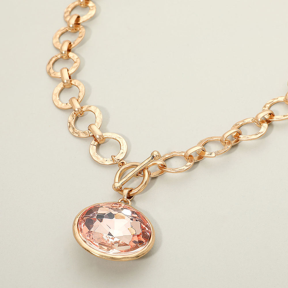 Madeline Love Peach Bold Oval Gemstone Pendant Brushed Metal Chunky Chain Toggle Necklace