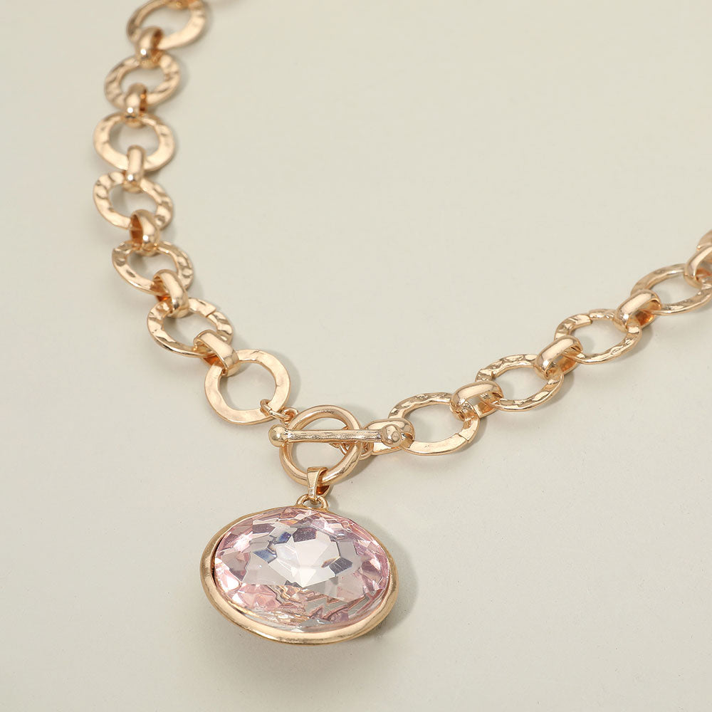 Madeline Love Pink Bold Oval Gemstone Pendant Brushed Metal Chunky Chain Toggle Necklace