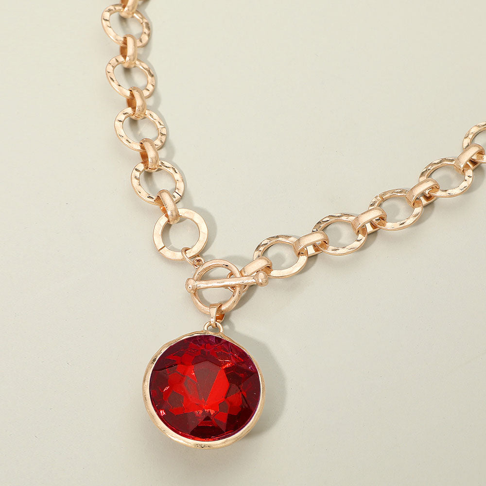 Madeline Love Red Bold Oval Gemstone Pendant Brushed Metal Chunky Chain Toggle Necklace - Jewelry