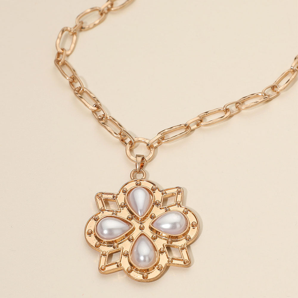 Madeline Love Cream, Gold Boho Floral Pendant Chunky Textured Paperclip Chain Necklace - Jewelry