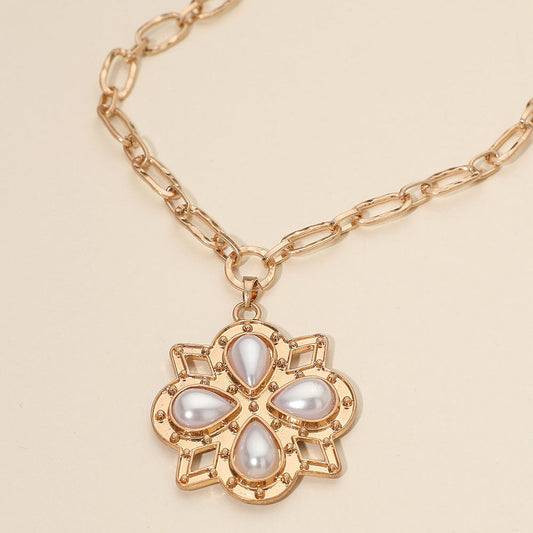 Madeline Love Cream, Gold Boho Floral Pendant Chunky Textured Paperclip Chain Necklace - Jewelry