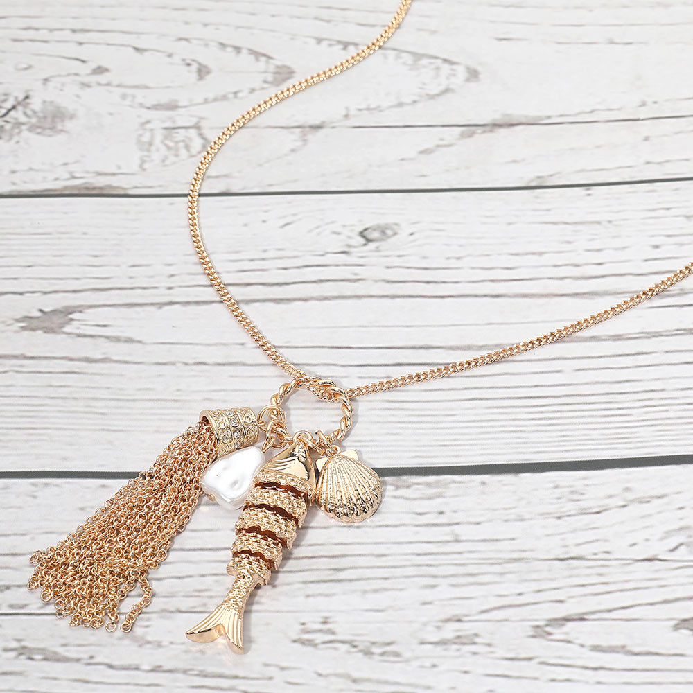 Madeline Love Gold Metal Tassel Pearl Shell Fish Charm Pendant Necklace - Jewelry