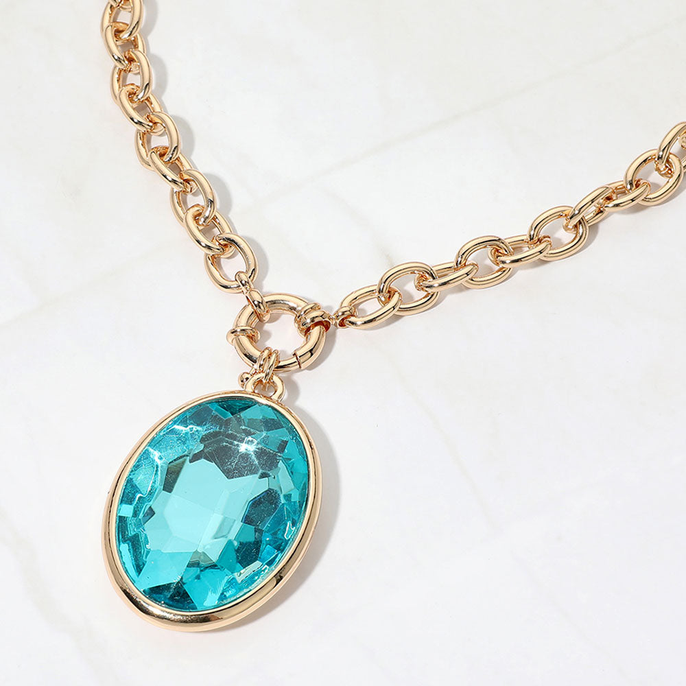 Madeline Love Aqua Bold Faceted Oval Pendant Chunky Necklace