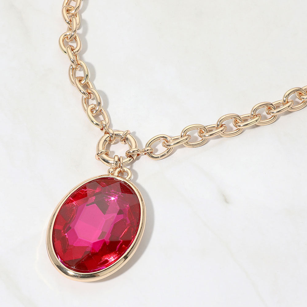 Madeline Love Fuchsia Bold Faceted Oval Pendant Chunky Necklace