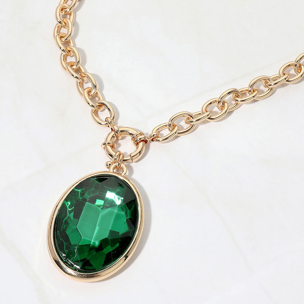 Madeline Love Green Bold Faceted Oval Pendant Chunky Necklace