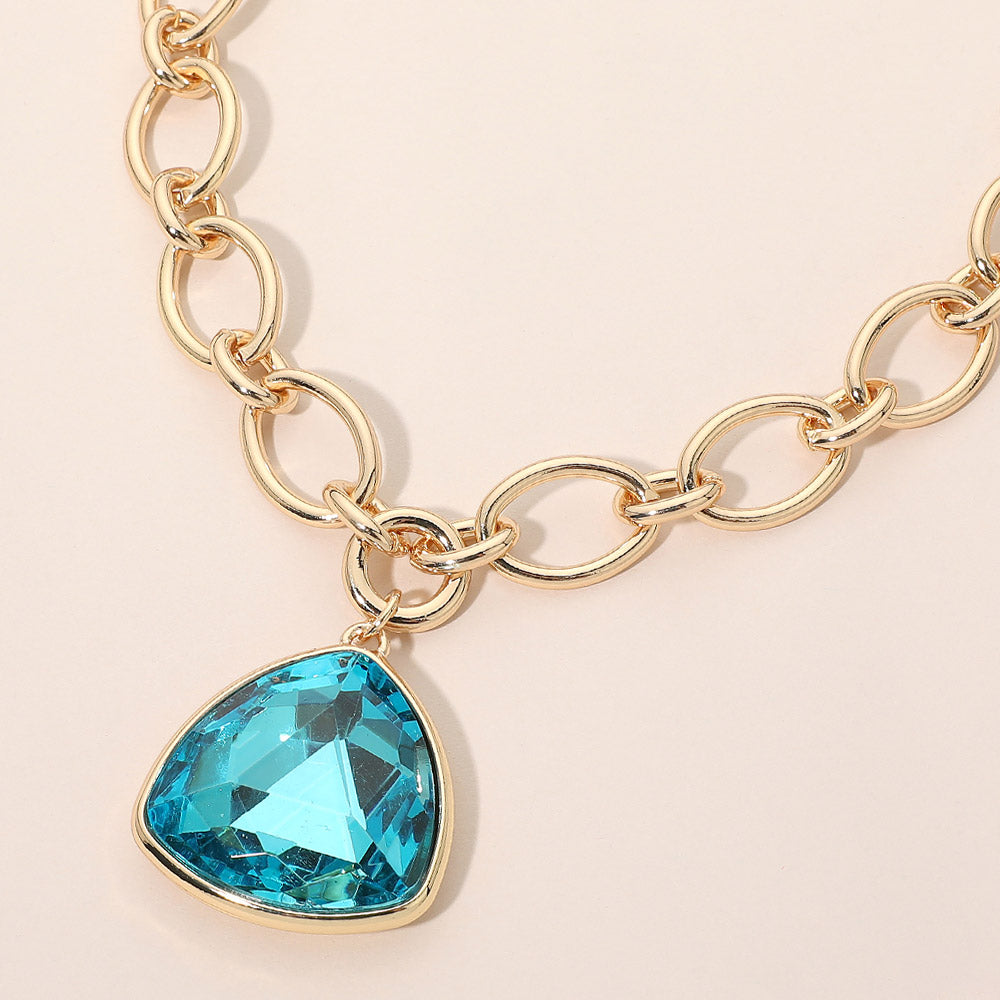 Madeline Love Aqua Chunky Faceted Gem Pendant Oval Link Chain Necklace