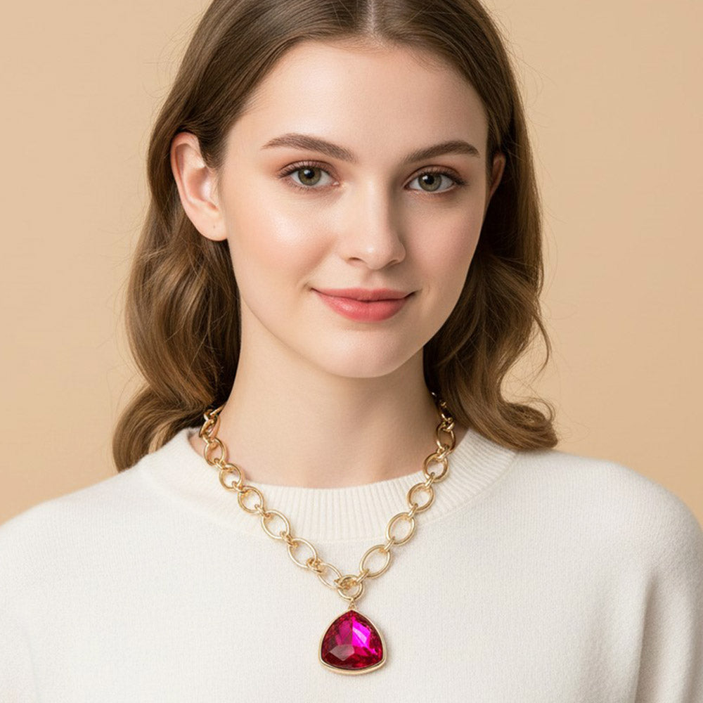 Madeline Love Fuchsia Chunky Faceted Gem Pendant Oval Link Chain Necklace