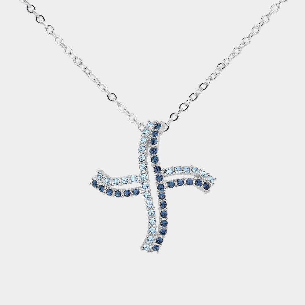 Madeline Love Blue, Rhodium Stone Paved Abstract Wheel Pendant Necklace - Jewelry