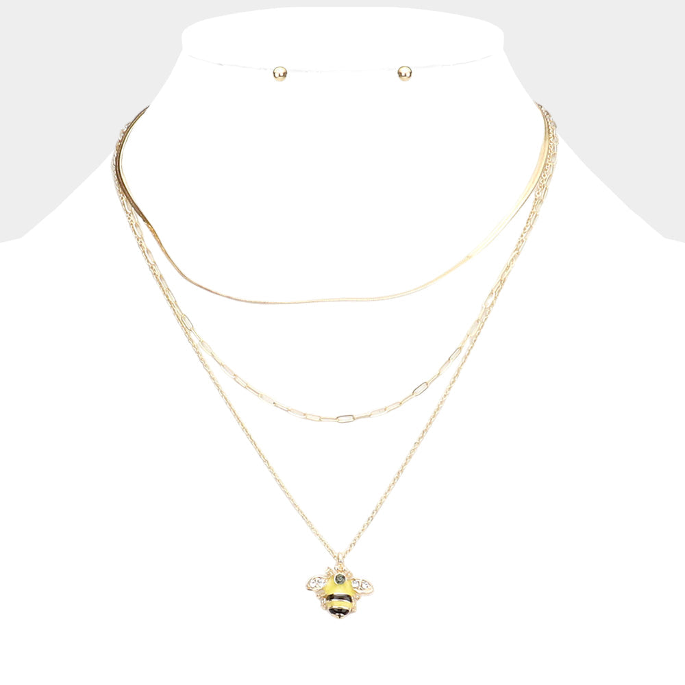 Madeline Love Gold Stone Embellished Enamel Honey Bee Pendant Triple Layered Necklace - Necklaces