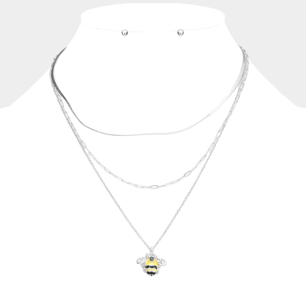 Madeline Love Silver Stone Embellished Enamel Honey Bee Pendant Triple Layered Necklace - Necklaces