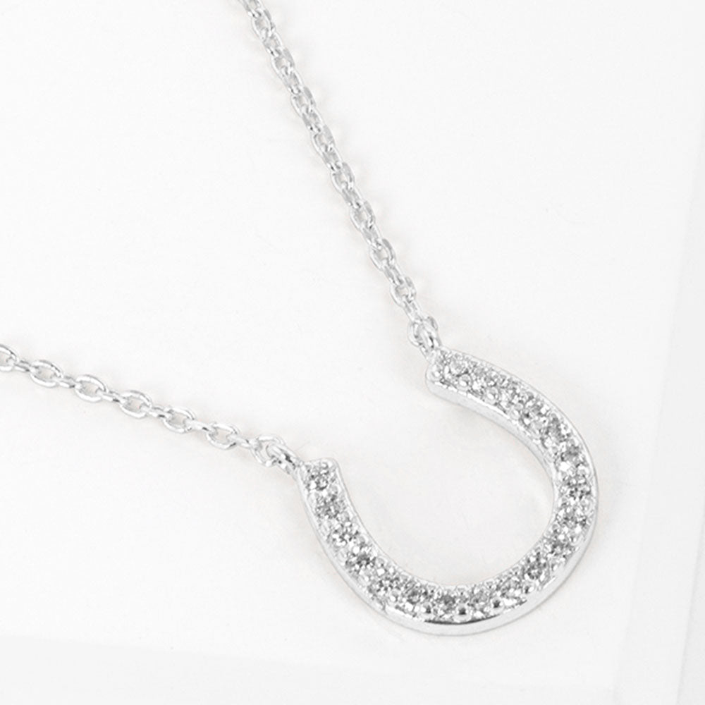 Madeline Love Clear, Rhodium White Gold Dipped CZ Stone Paved Horseshoe Pendant Necklace - Jewelry