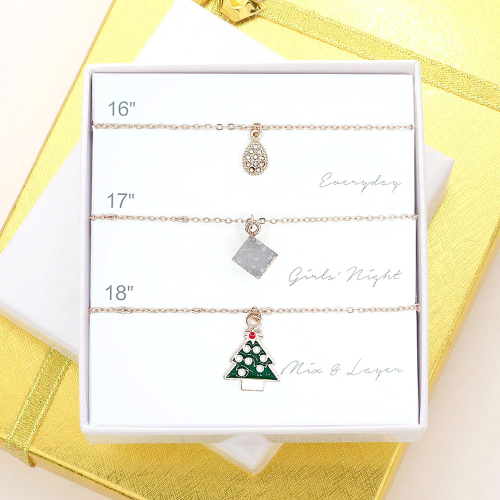 Madeline Love Gold 3PCS - Teardrop Natural Stone Christmas Tree Pendant Necklaces