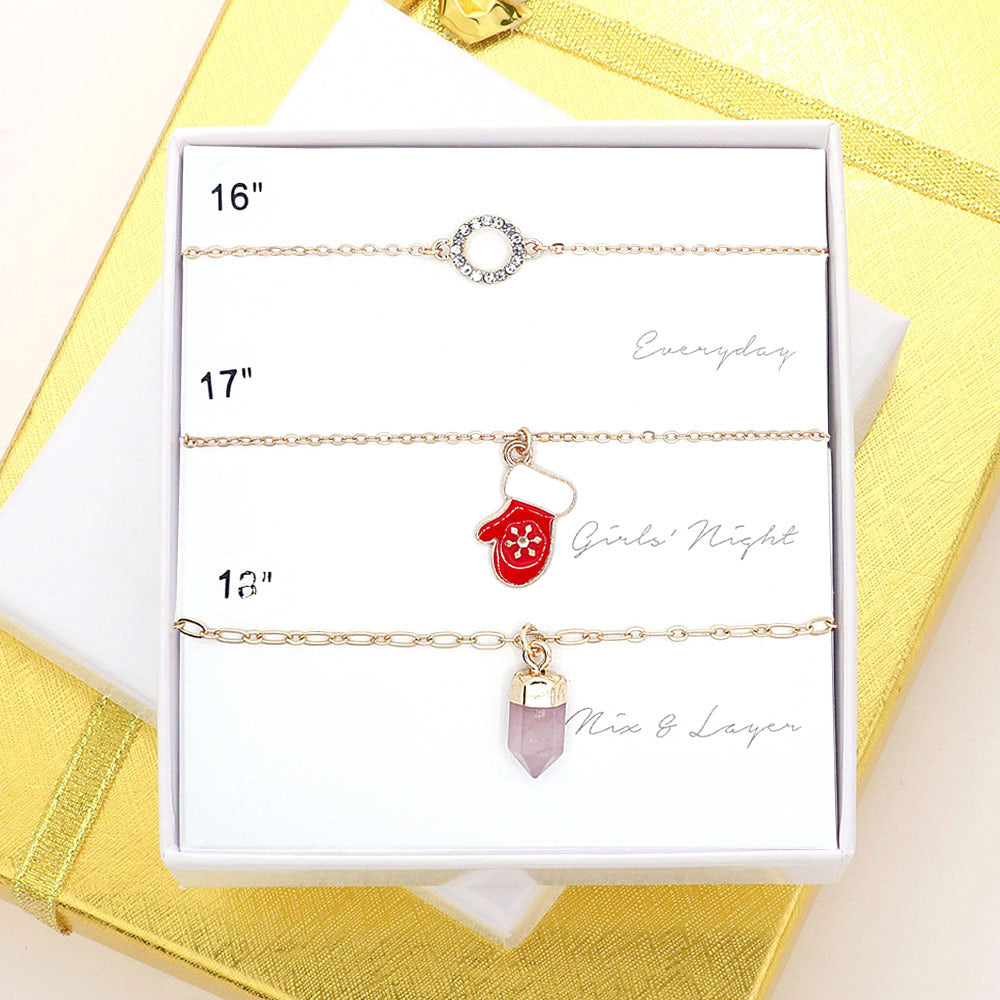 Madeline Love Gold 3PCS - Open Circle Glove Natural Stone Pendant Necklaces