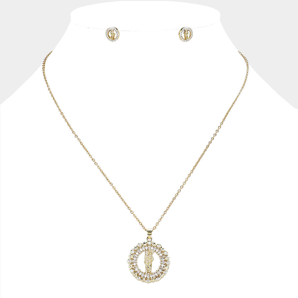 Madeline Love Gold Stainless Steel CZ Stone Paved San Judas Tadeo Pendant Necklace - Jewelry