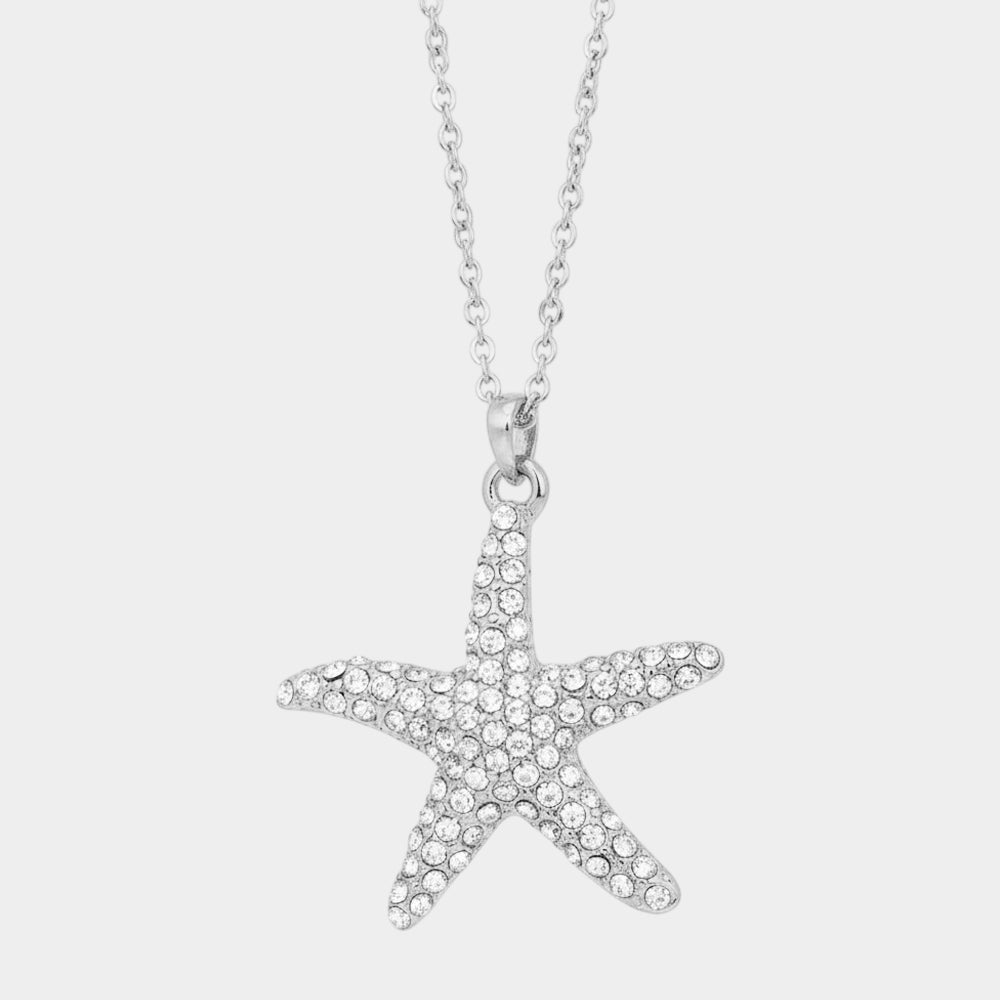 Madeline Love Clear, Rhodium Crystal Pave Starfish Pendant Necklace - Jewelry